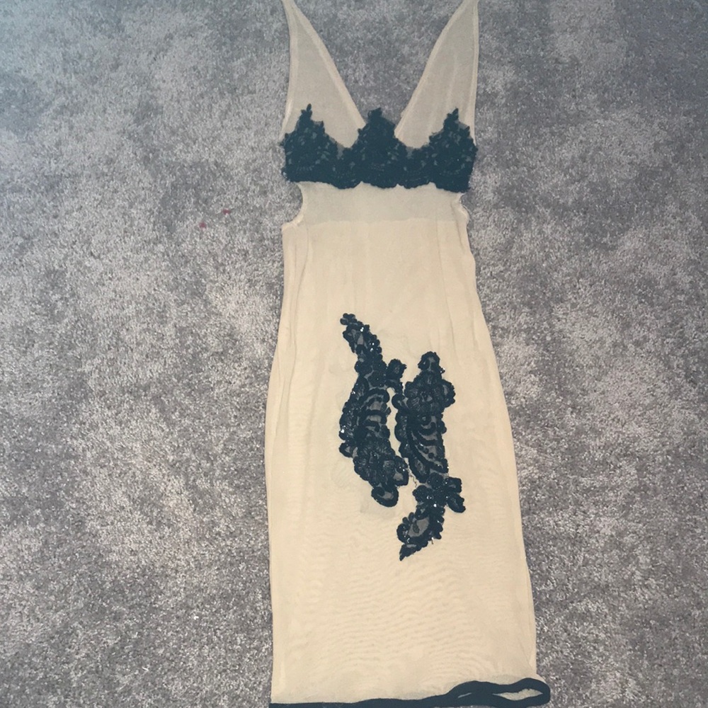 Mesh nude dress trimmed in black sequence/lace